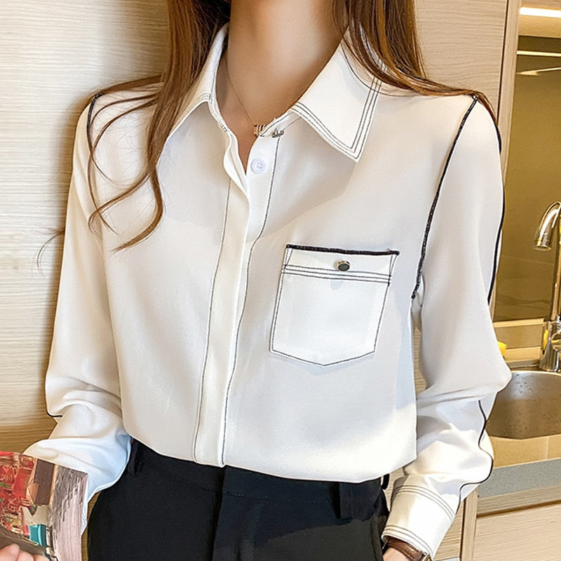 Long Sleeve White Blouse Women Shirts Blusas Mujer De Moda 2021 Blouse Women Turn Down Collar Office Chiffon Blouse Shirt D520