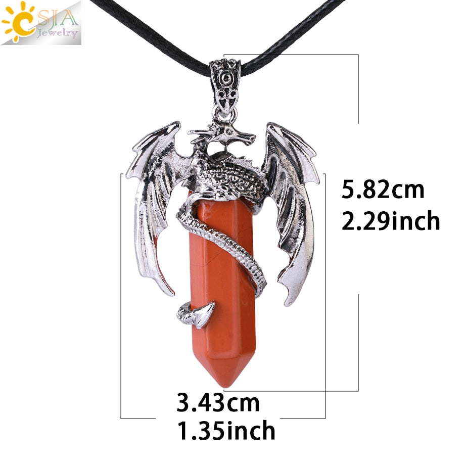 CSJA Animal Dragon Man Necklace Natural Gem Stone Healing Pink Quartz Hexagonal Crystal Pendant Vintage Jewelry for Women H012