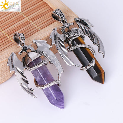 CSJA Animal Dragon Man Necklace Natural Gem Stone Healing Pink Quartz Hexagonal Crystal Pendant Vintage Jewelry for Women H012