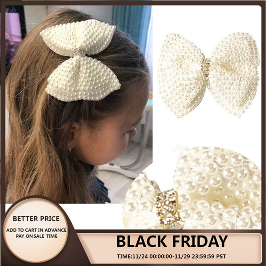 White Pearl Hair Bows With Hair Clips For Girls Kids Boutique Layers Bling Rhinestone Center Bows Hairpins Hair Accessories