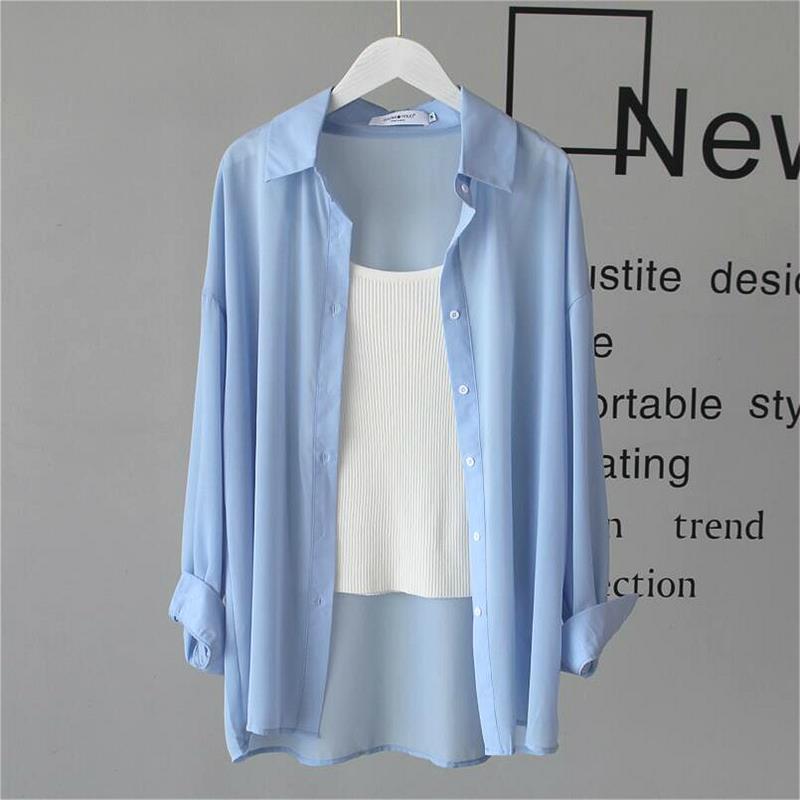 Chiffon Blouse Cool Transparent Drape Sunscreen Shirt Women's Summer Breathable Shirt Sunshade Cover Buttocks Thin Shirt Coat