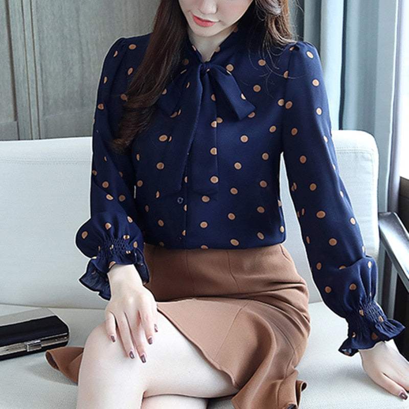 Womens Tops And Blouses Long Sleeve Women Shirts Women Tops Print Polka Dot Chiffon Blouse Shirt Fashion Women Blouses A630