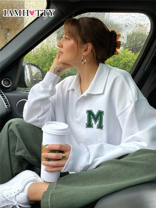 Harajuku White Oversized Sweatshirt Women Korean Fashion Button Turn-down Collar Pullovers Loose Cute Top Clothes Iamhotty