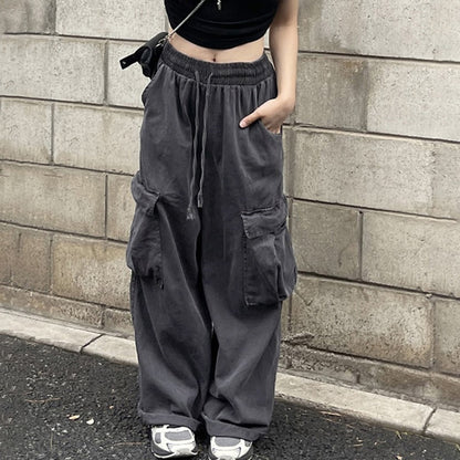 Harajuku Big Pocket Baggy Cargo Pants Women Wide Leg Drawstring Elastic Sweatpants Y2K Korean Streetwear Gray Casual Trousers