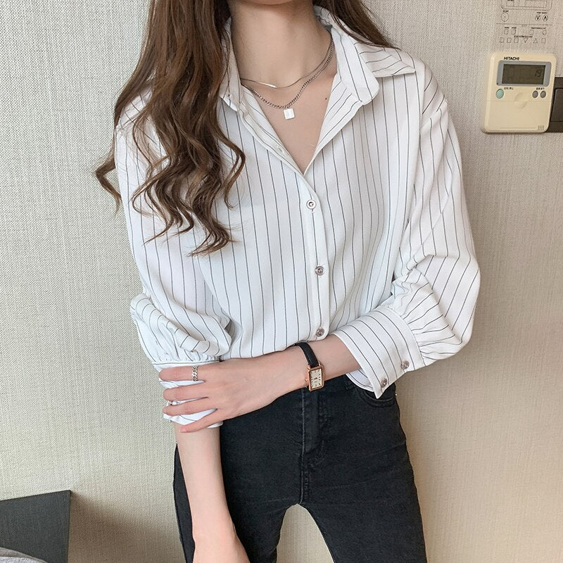 Blusas Mujer De Moda 2021 Blouse Women Turn Down Collar Office Blouse For Women Striped Chiffon Blouse Shirt Women Blouses D393