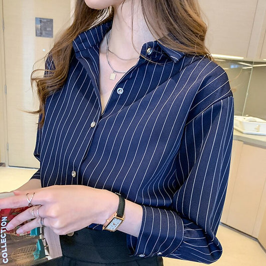 Blusas Mujer De Moda 2021 Blouse Women Turn Down Collar Office Blouse For Women Striped Chiffon Blouse Shirt Women Blouses D393