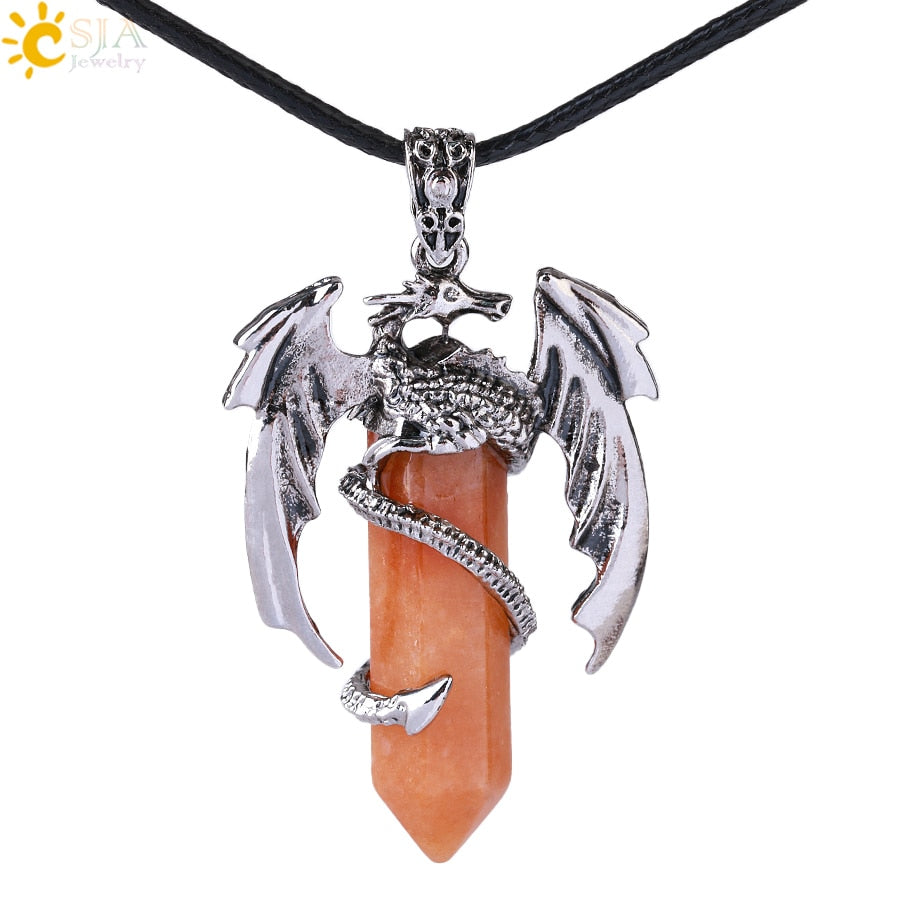 CSJA Animal Dragon Man Necklace Natural Gem Stone Healing Pink Quartz Hexagonal Crystal Pendant Vintage Jewelry for Women H012