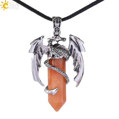 CSJA Animal Dragon Man Necklace Natural Gem Stone Healing Pink Quartz Hexagonal Crystal Pendant Vintage Jewelry for Women H012