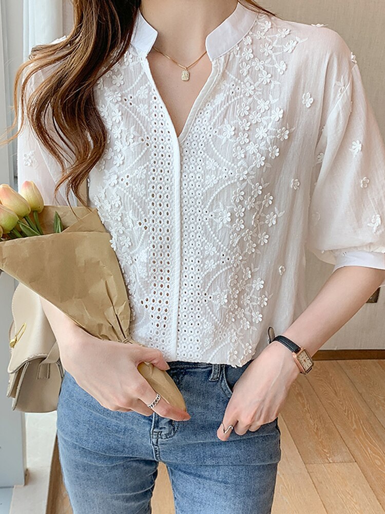 Summer Blouse Women V-Neck Lace White Blouse Shirt Women Tops Blusas Mujer De Moda 2022 Verano Blouses Femme Women Shirts F428