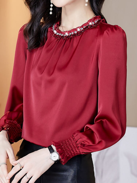 Long Sleeve Blouse Women Beading O-Neck Chiffon Blouse Shirt Women Tops Blusas Mujer De Moda 2022 Blouses Femme Shirts E928