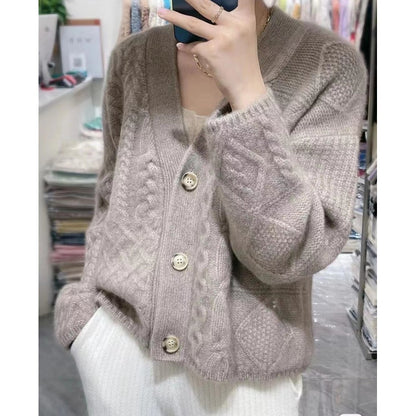 Heavy and thick twist flower V-neck cashmere knitted cardigan women autumn and winter lazy loose sweater every sweater overcoat