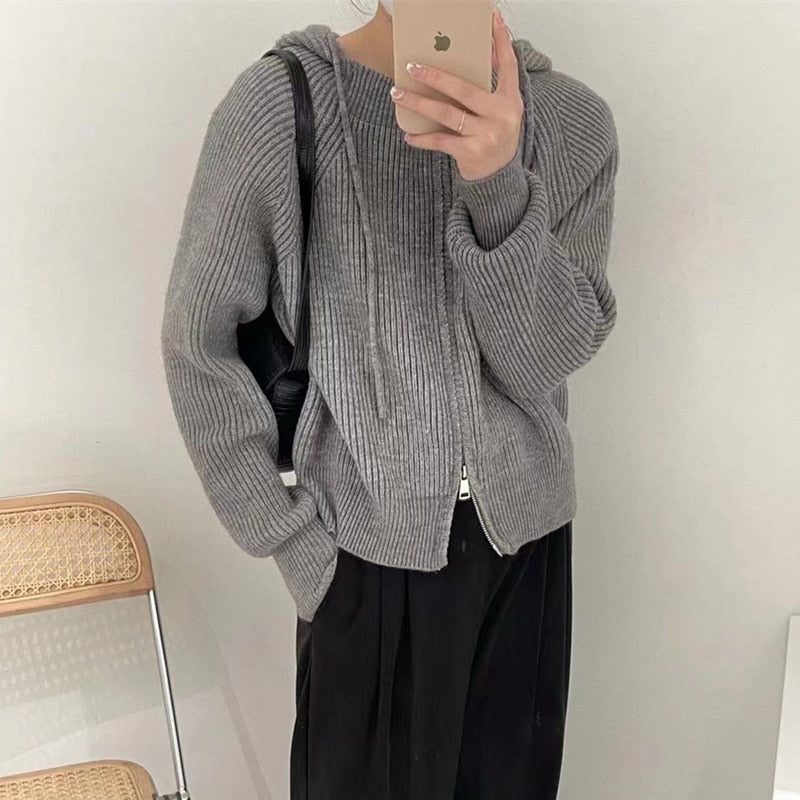 double zipper hooded knitted cashmere cardigan women's autumn winter loose sweater short style hoodie casual wool coat