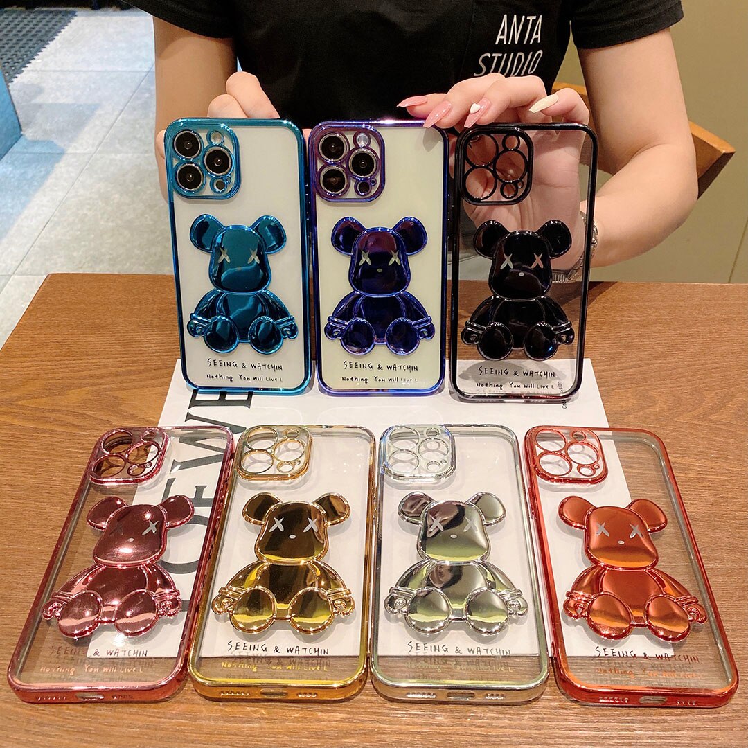 For iPhone 12 11 13 Pro Max X XR XS Max 7 8 Plus SE 2020 Fashion Cartoon Cover Luxury cute Violent Bear Plating Clear Phone Case