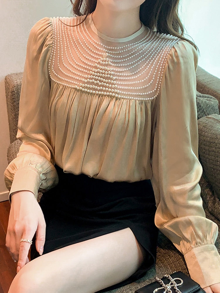 Spring Long Sleeve Beading O-Neck Chiffon Blouse Shirt Women Tops Blusas Mujer De Moda 2021 Blouse Women Blouses Femme Top D476