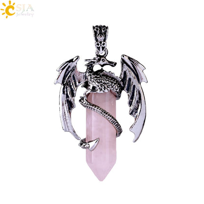 CSJA Animal Dragon Man Necklace Natural Gem Stone Healing Pink Quartz Hexagonal Crystal Pendant Vintage Jewelry for Women H012