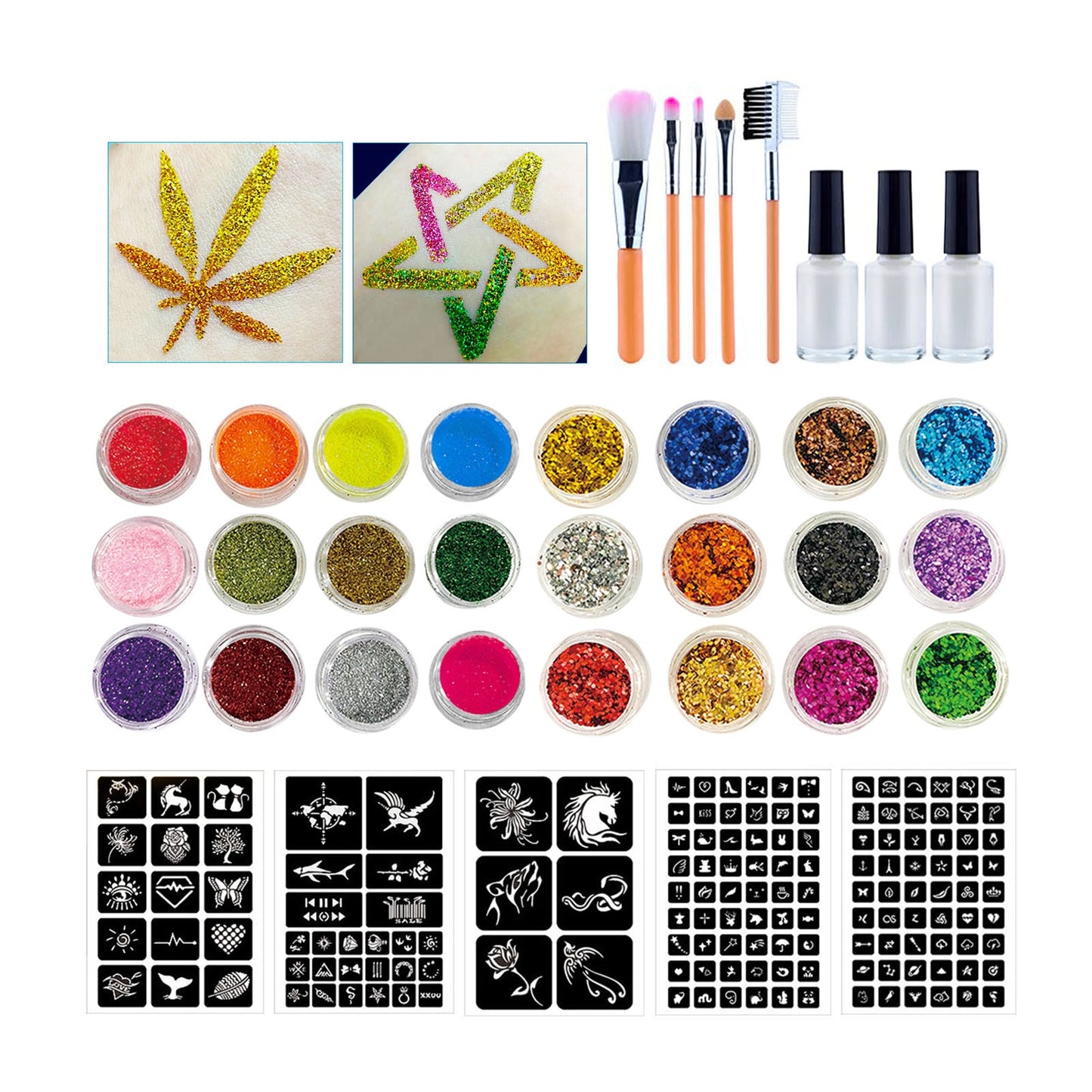 Diamond Glitter Tattoo Set Temporary Tattoo Kit 24 Glitter Colors Templates Body Nail Glitter Art Paint Party Tattoo Makeup