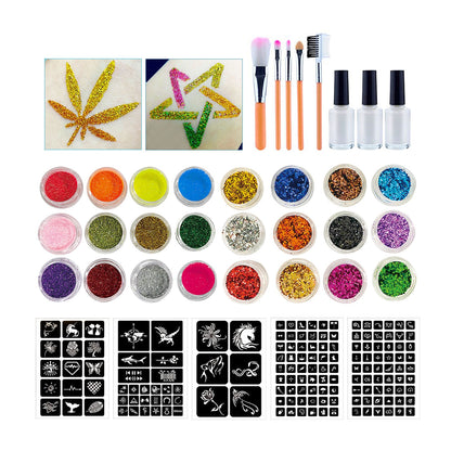 Diamond Glitter Tattoo Set Temporary Tattoo Kit 24 Glitter Colors Templates Body Nail Glitter Art Paint Party Tattoo Makeup