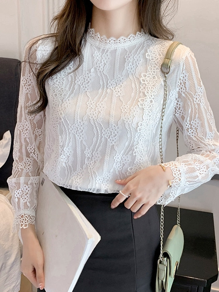 Spring Women White Lace Blouse Shirt Long Sleeve Blouse Women Blusas Mujer De Moda 2022 Blouses Femme Women Tops Shirts F395