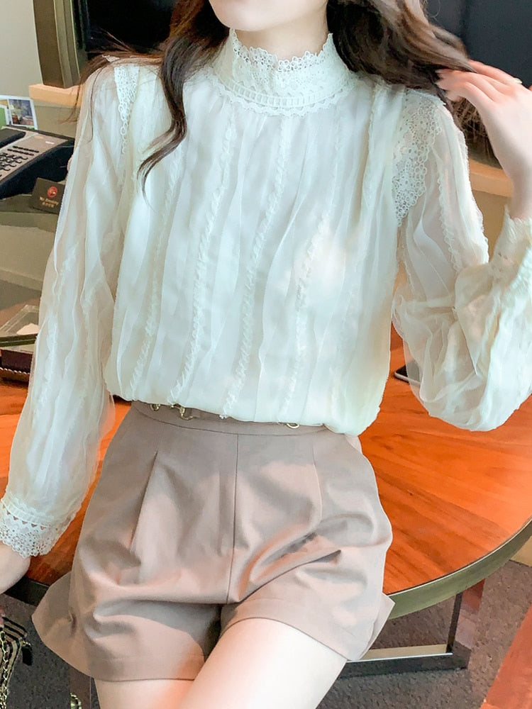 Spring Long Sleeve Blouse Women Stand Collar Lace Blouse Shirt Women Tops Blusas Mujer De Moda 2022 Blouses Femme Shirts F347