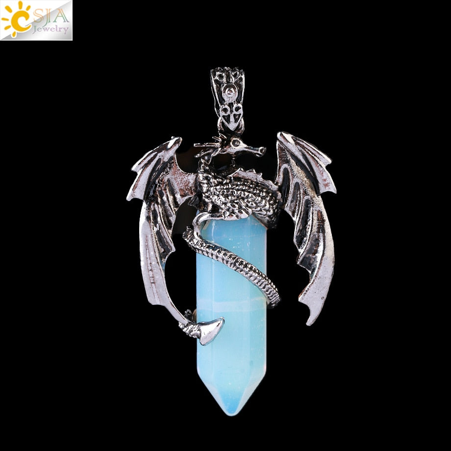 CSJA Animal Dragon Man Necklace Natural Gem Stone Healing Pink Quartz Hexagonal Crystal Pendant Vintage Jewelry for Women H012