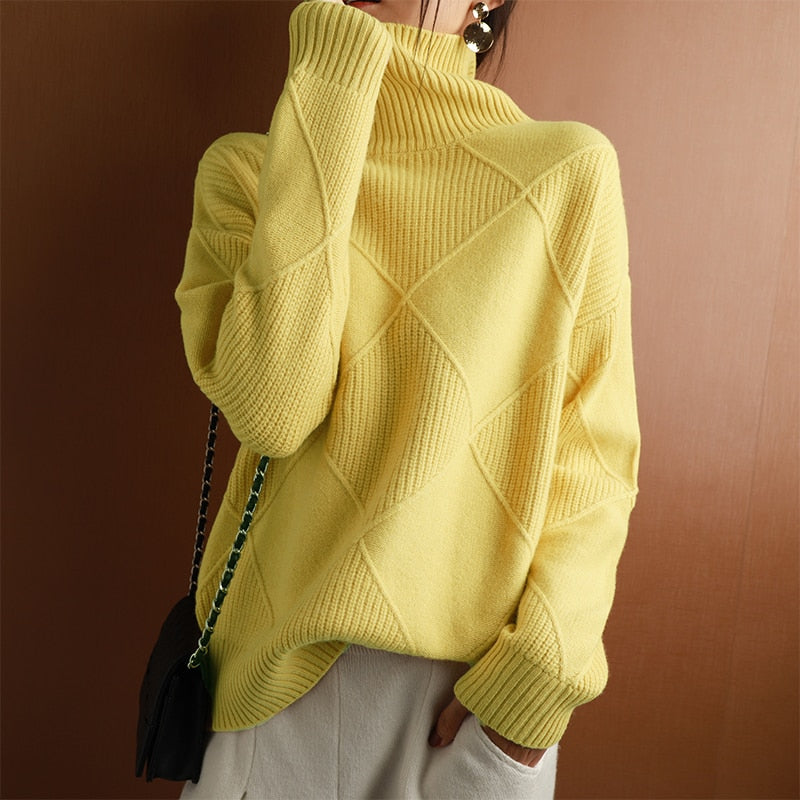 Cashmere sweater women turtleneck sweater pure color knitted turtleneck pullover 100% pure wool loose large size sweater women