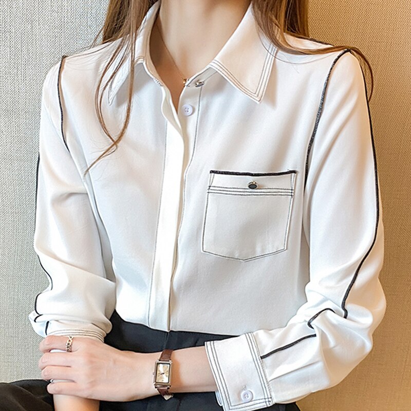 Long Sleeve White Blouse Women Shirts Blusas Mujer De Moda 2021 Blouse Women Turn Down Collar Office Chiffon Blouse Shirt D520