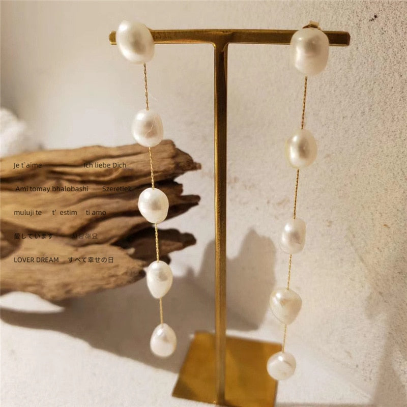 Peri'sBox Long Thread Natural Freshwater Pearl Earrings Beaded Pearl Tassel Earrings for Women Elegant Minimalist Jewelry 2020