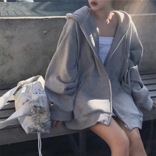 Women Hoodies Harajuku 2022 Autumn Solid Color Zip Up Sweatshirts Streetwear Y2K Long Sleeve Loose Vintage Hooded Jackets Coat