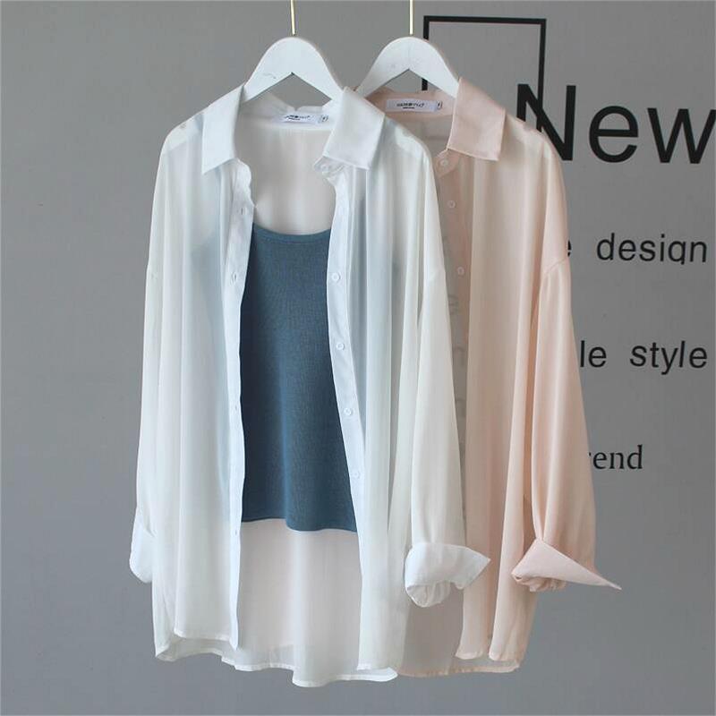 Chiffon Blouse Cool Transparent Drape Sunscreen Shirt Women's Summer Breathable Shirt Sunshade Cover Buttocks Thin Shirt Coat