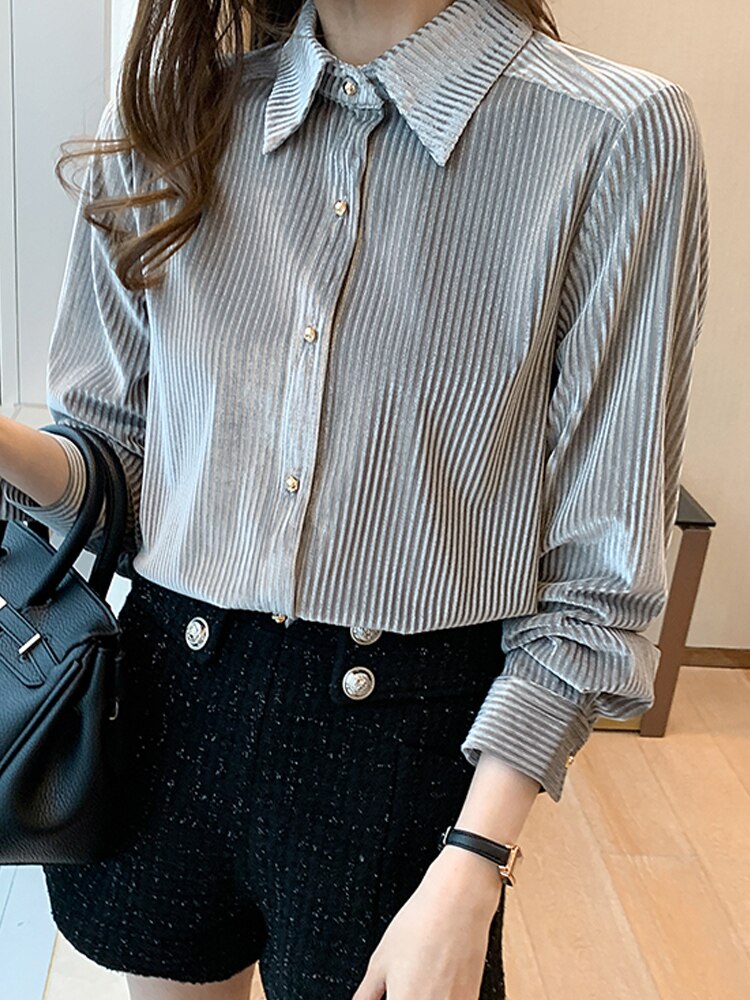 Long Sleeve Blouse Women Turn Down Collar Velour Velvet Blouse Shirt Women Tops Blusas Mujer De Moda 2022 Blouses Shirts F356