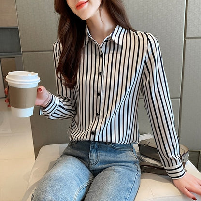 Fashion Blouses Woman 2021 Turn Down Collar Office Ladies Tops Striped Chiffon Blouse Long Sleeve Women Shirts Top Female B833