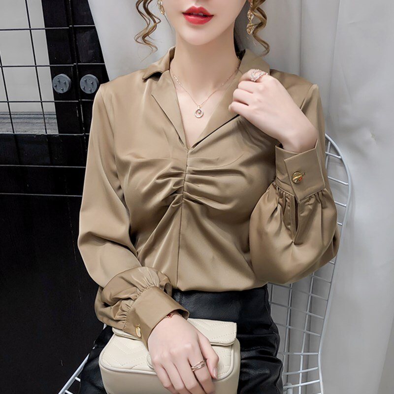 Blouse Women Long Sleeve V-Neck Office Blouse Shirt Chiffon Blouse Tops Blusas Mujer De Moda 2021 Tops Women Clothing Blusa D955