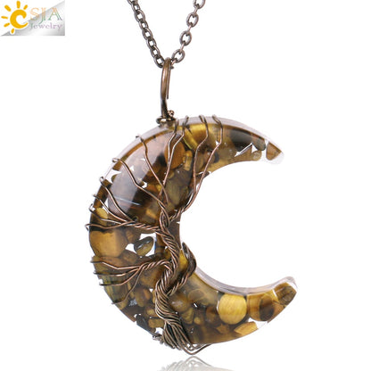 7 Chakras Tree of Life Necklace Wire Wrap Crescent Moons Crystal Pendants Chip Quartz Natural Stone Resin Stainless Steel G931