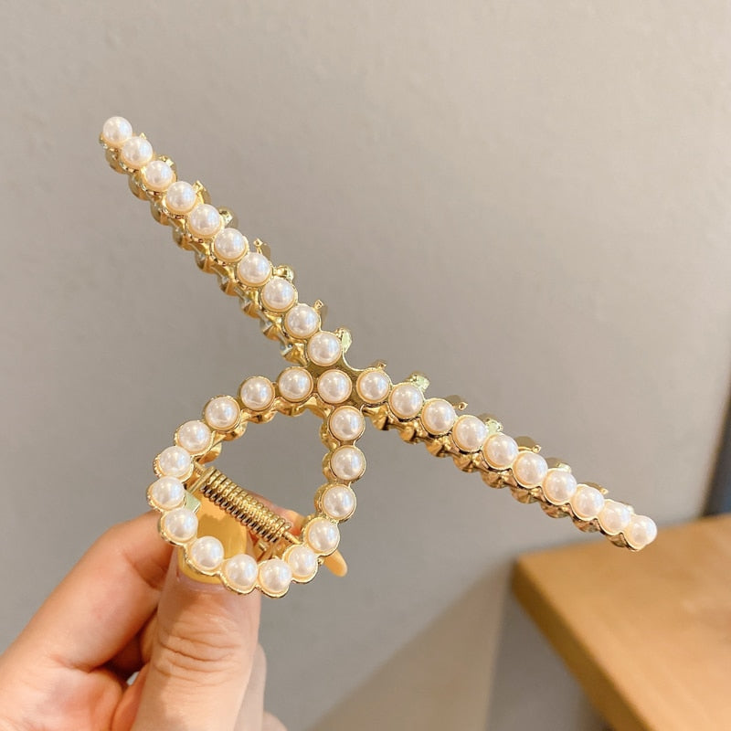 Pearl Hair Claw Set Clip for Women Gold Color Hairpins Metal Hair Accessories Geometric Hollow Pincer Barrette Crystal Clip Big