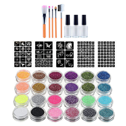 Diamond Glitter Tattoo Set Temporary Tattoo Kit 24 Glitter Colors Templates Body Nail Glitter Art Paint Party Tattoo Makeup