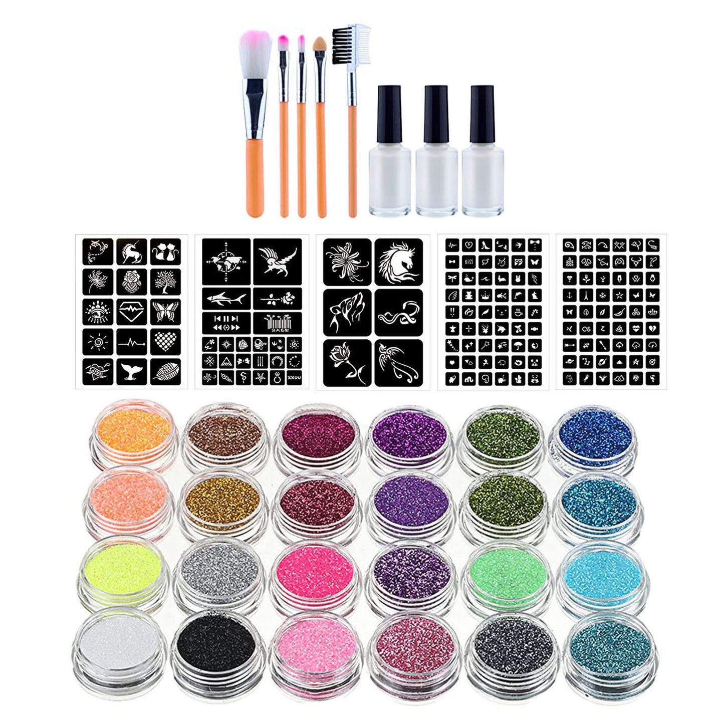 Diamond Glitter Tattoo Set Temporary Tattoo Kit 24 Glitter Colors Templates Body Nail Glitter Art Paint Party Tattoo Makeup