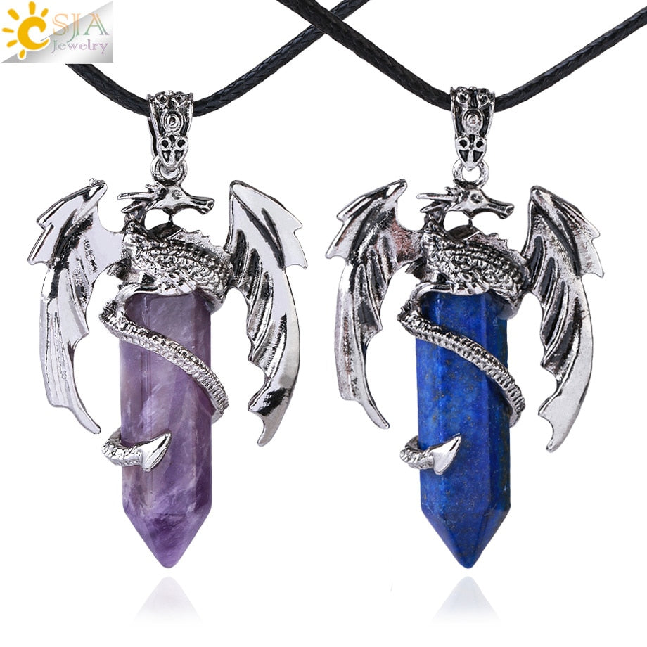 CSJA Animal Dragon Man Necklace Natural Gem Stone Healing Pink Quartz Hexagonal Crystal Pendant Vintage Jewelry for Women H012