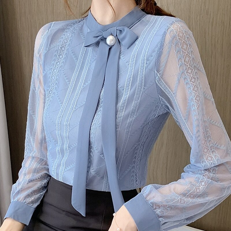 Long Sleeve Women Blouses Shirts Blouse Women Blusas Mujer De Moda 2021 Stand Collar Lace Blouse Shirt Women Tops Blusa D495