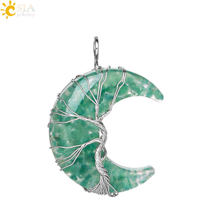 7 Chakras Tree of Life Necklace Wire Wrap Crescent Moons Crystal Pendants Chip Quartz Natural Stone Resin Stainless Steel G931