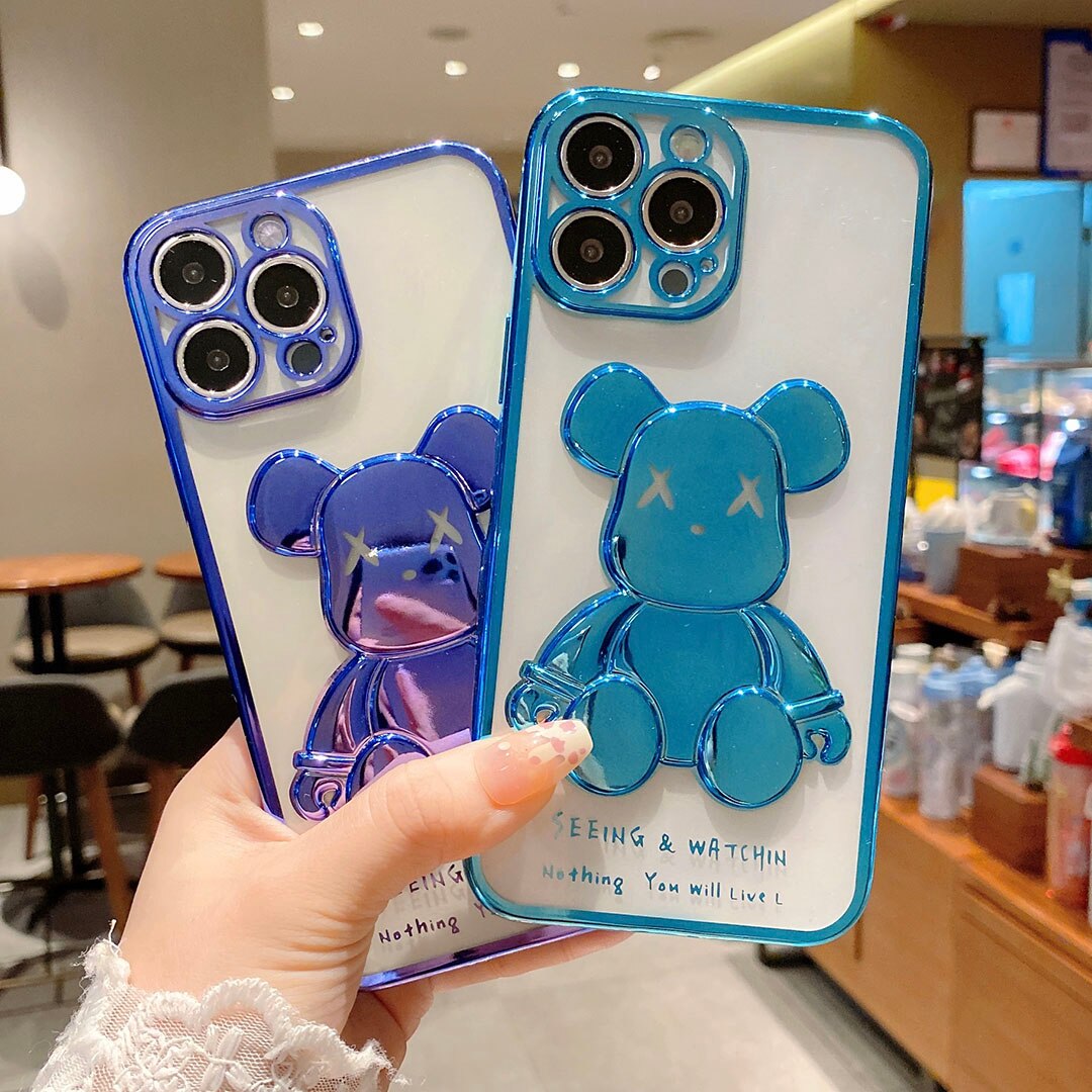 For iPhone 12 11 13 Pro Max X XR XS Max 7 8 Plus SE 2020 Fashion Cartoon Cover Luxury cute Violent Bear Plating Clear Phone Case