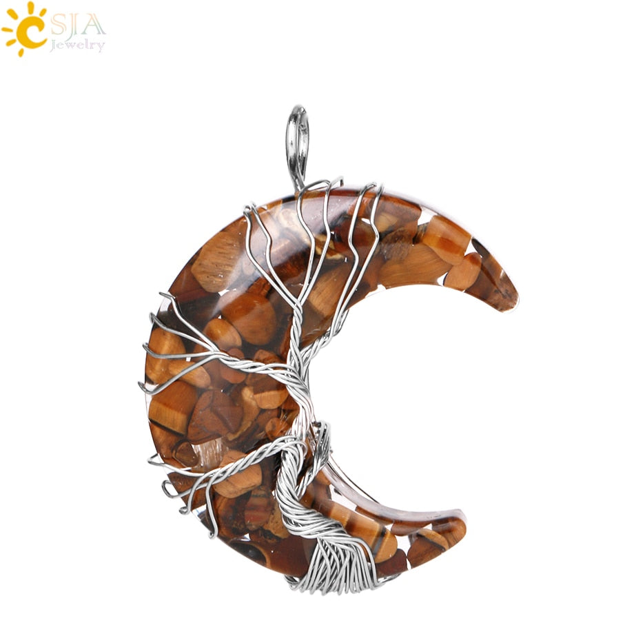 7 Chakras Tree of Life Necklace Wire Wrap Crescent Moons Crystal Pendants Chip Quartz Natural Stone Resin Stainless Steel G931