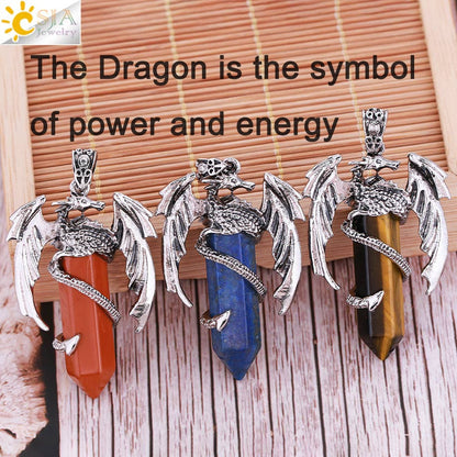 CSJA Animal Dragon Man Necklace Natural Gem Stone Healing Pink Quartz Hexagonal Crystal Pendant Vintage Jewelry for Women H012