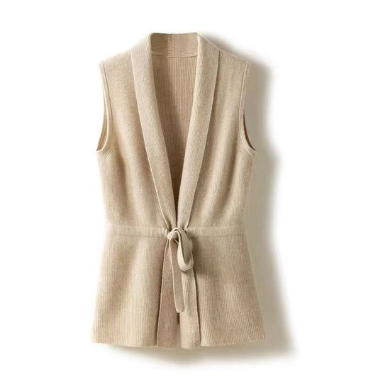 Temperament V neck waistband pure wool woman sweater cardigan sleeveless sweater loose clip languid lazy 100 wear vest