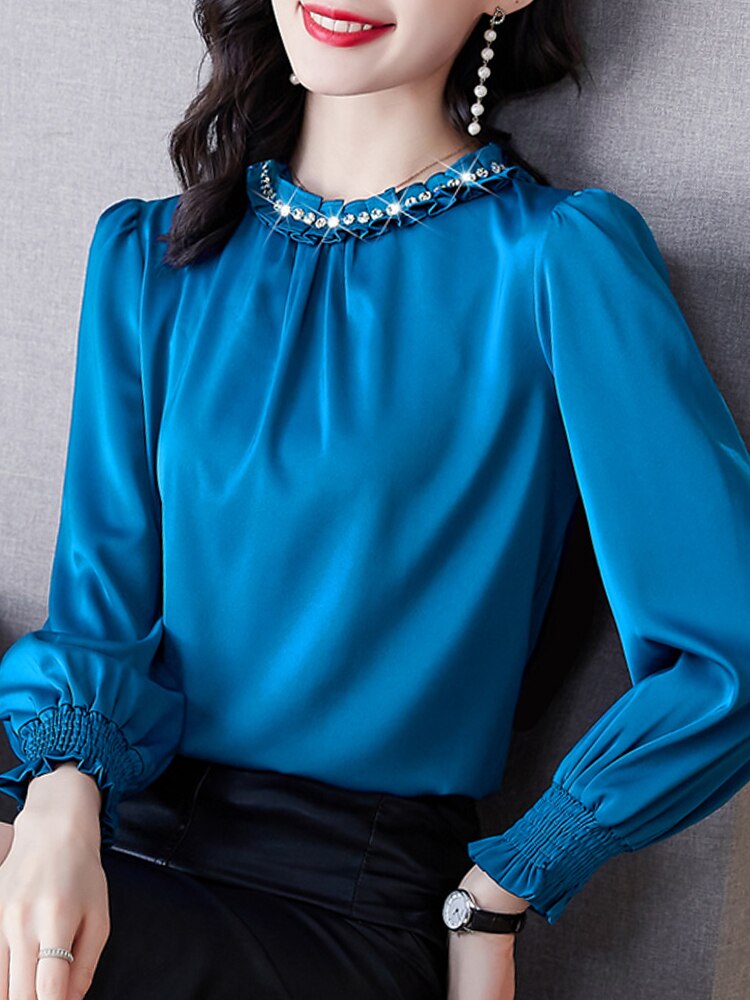 Long Sleeve Blouse Women Beading O-Neck Chiffon Blouse Shirt Women Tops Blusas Mujer De Moda 2022 Blouses Femme Shirts E928