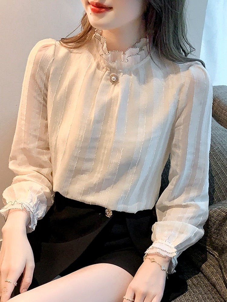 Blouse Women Long Sleeve Apricot Chiffon Blouse Shirt Tops Women Blusas Mujer De Moda 2022 Blouses Shirts Blusa Feminina F515