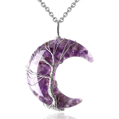 7 Chakras Tree of Life Necklace Wire Wrap Crescent Moons Crystal Pendants Chip Quartz Natural Stone Resin Stainless Steel G931