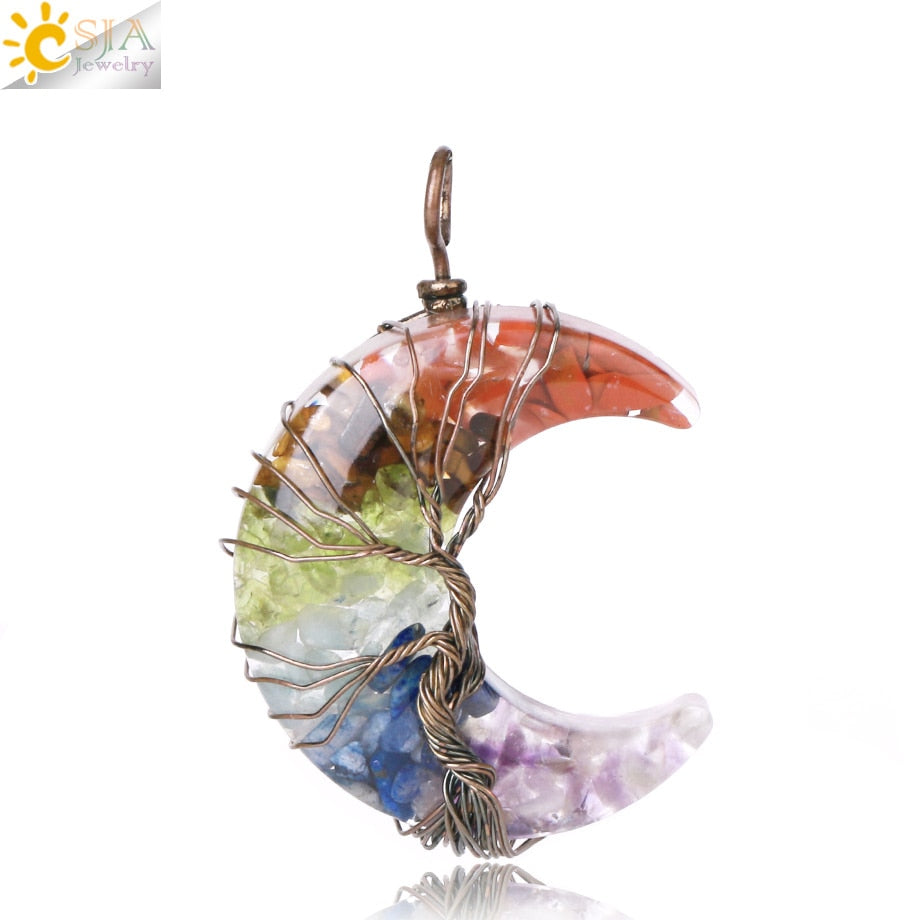 7 Chakras Tree of Life Necklace Wire Wrap Crescent Moons Crystal Pendants Chip Quartz Natural Stone Resin Stainless Steel G931