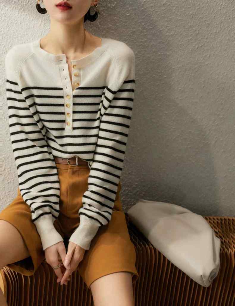 French new half-open round neck striped wool knit women's spring and autumn loose pullover long sleeve cashmere base sweater