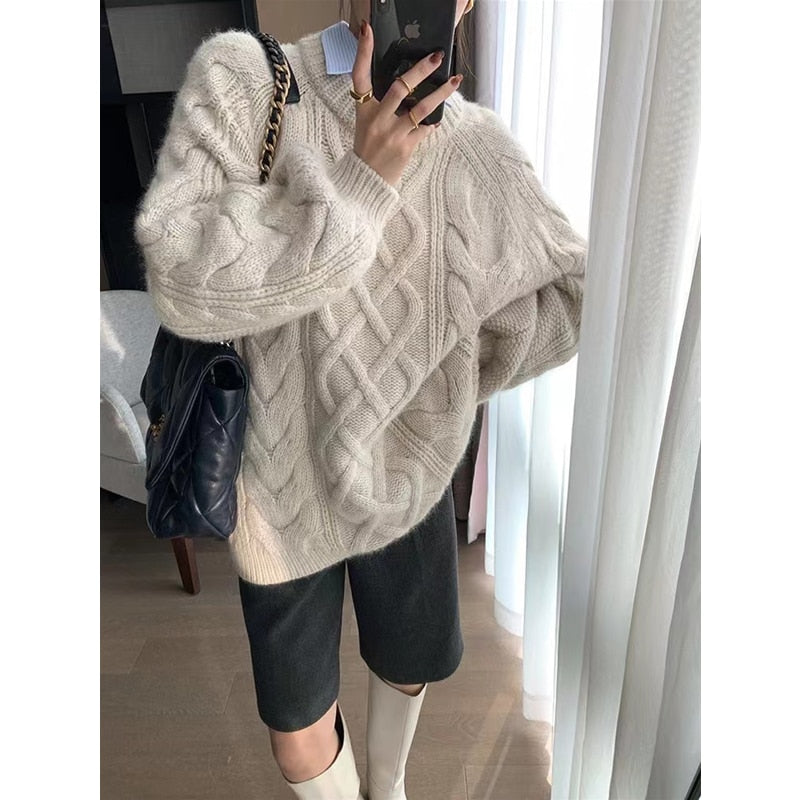 version of loose languid lazy wind twisted flower thickened woolen knit woman autumn winter round neck long pullover sweater