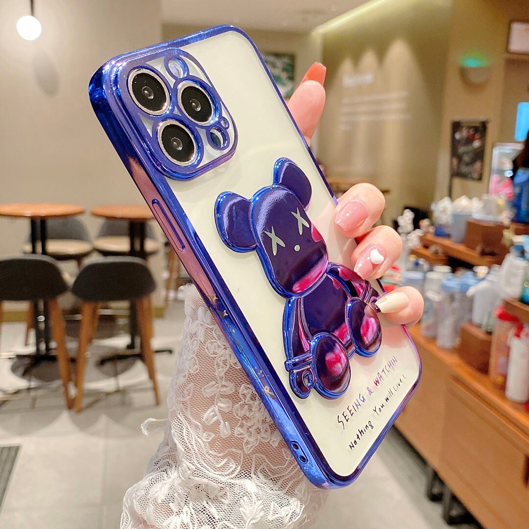 For iPhone 12 11 13 Pro Max X XR XS Max 7 8 Plus SE 2020 Fashion Cartoon Cover Luxury cute Violent Bear Plating Clear Phone Case